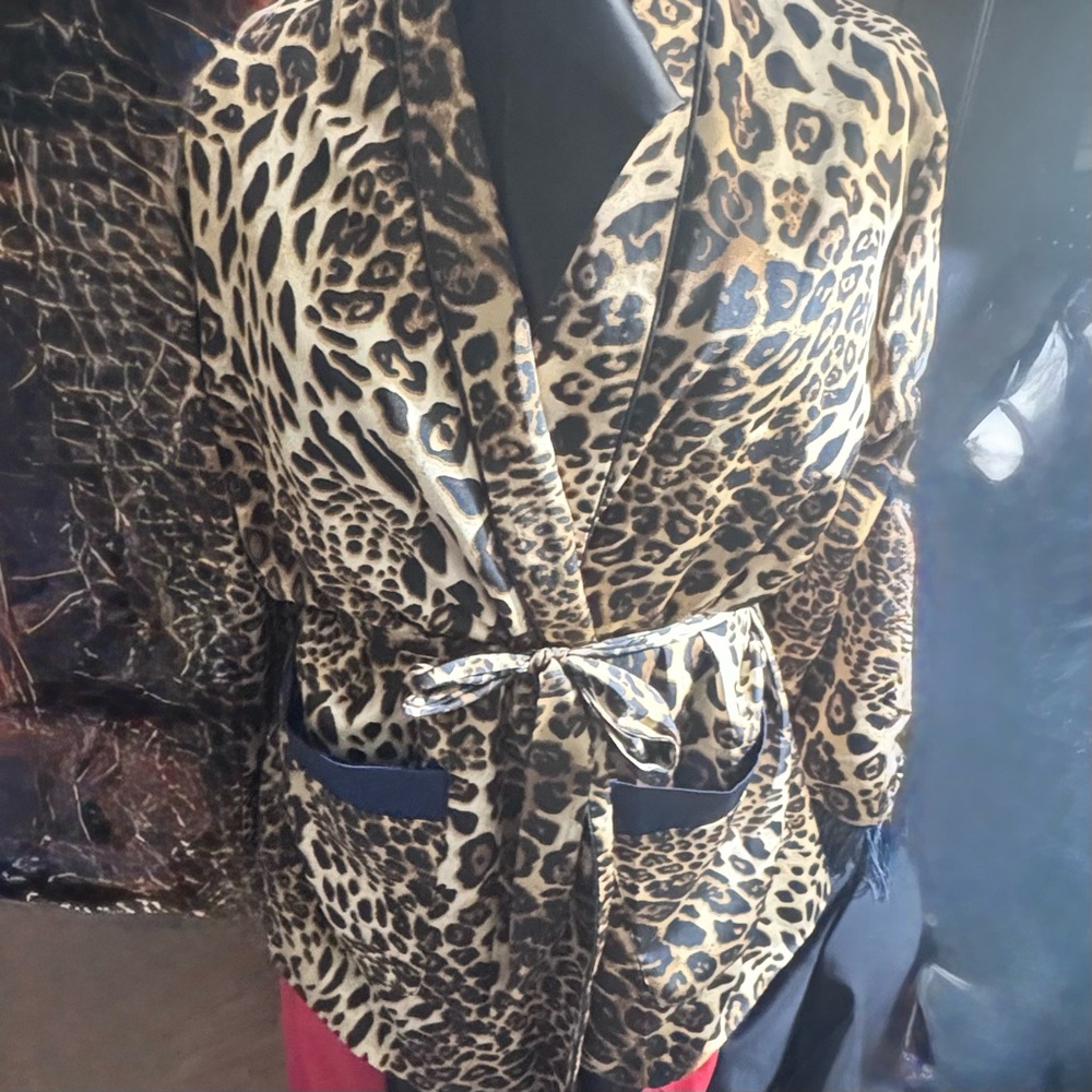 Beulah leopard and ostrich feather smoking jacket